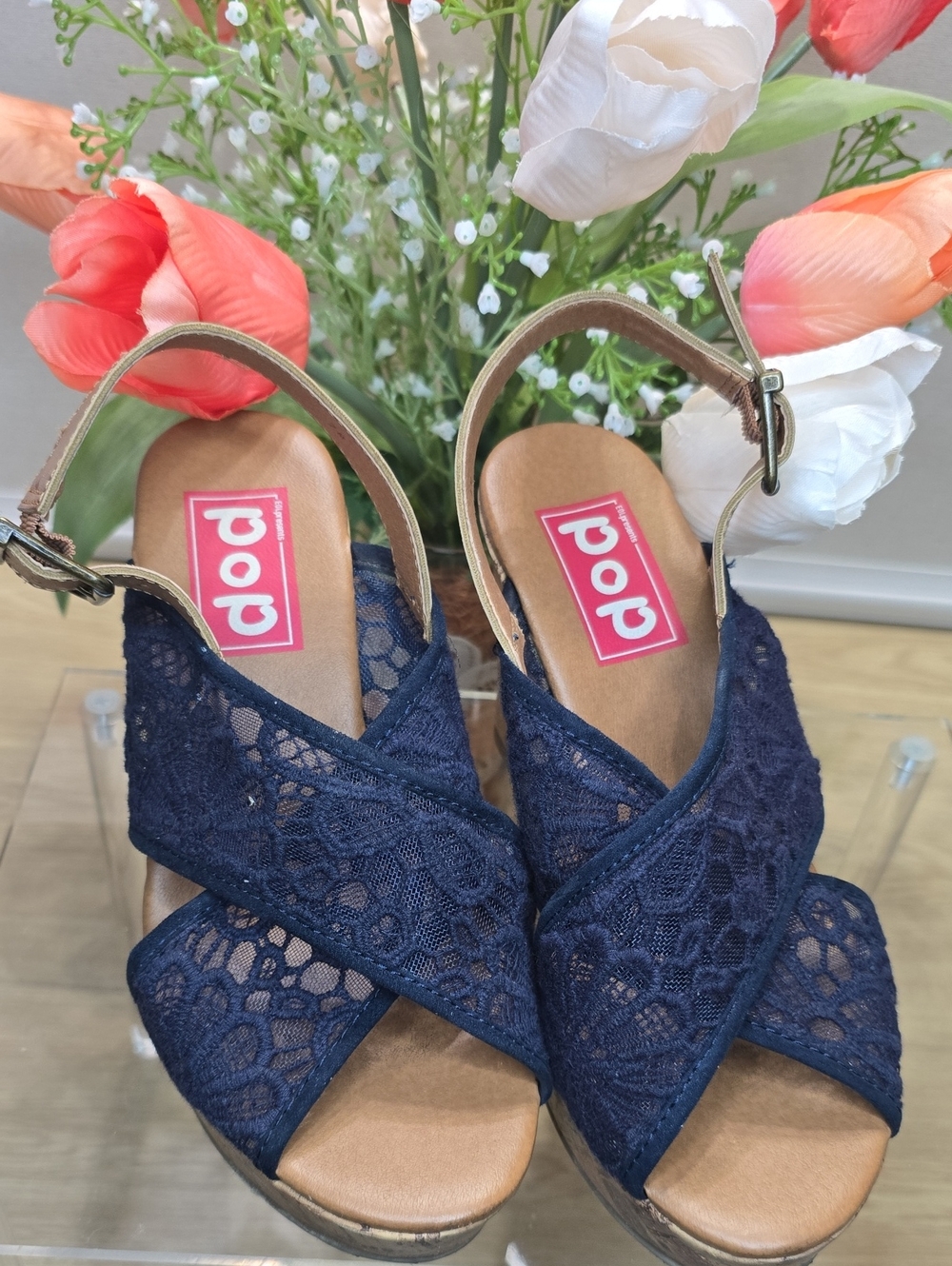 pop Navy Lace Crisscross Wedge Sandals
